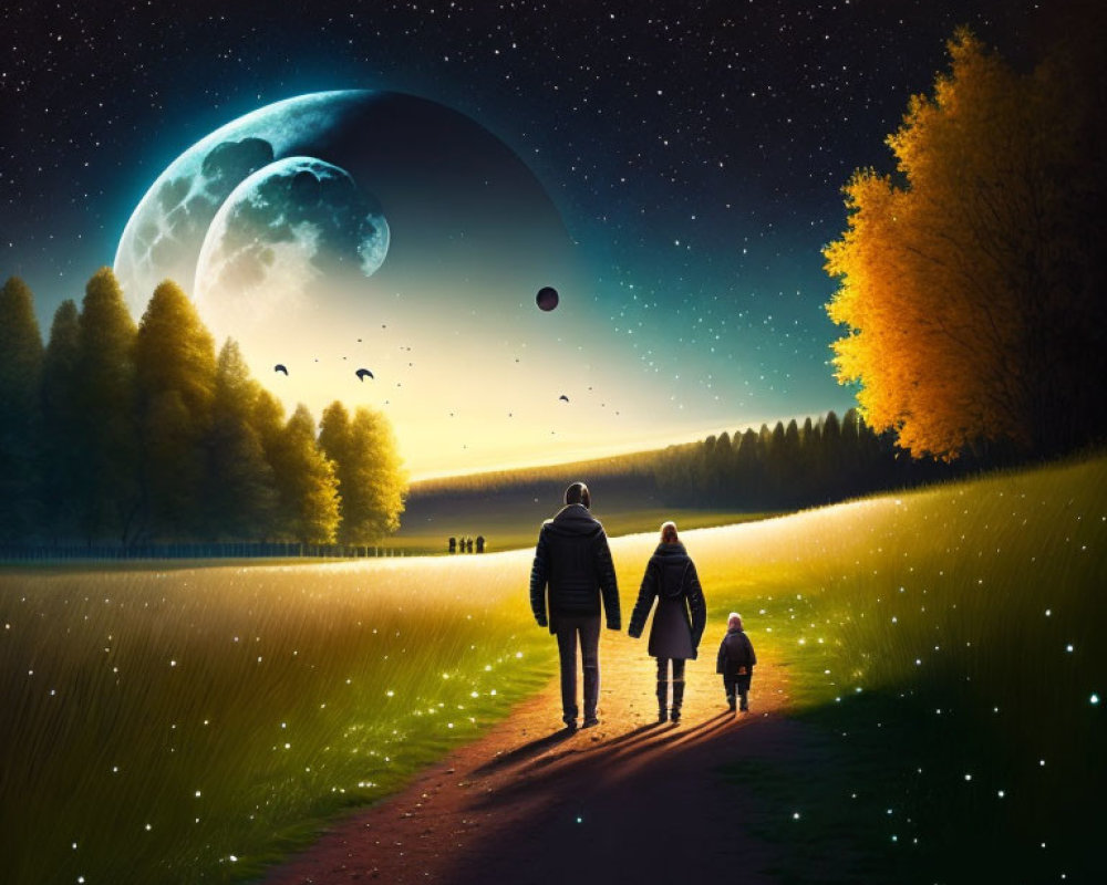 Man and child walking in field under starry sky with celestial bodies