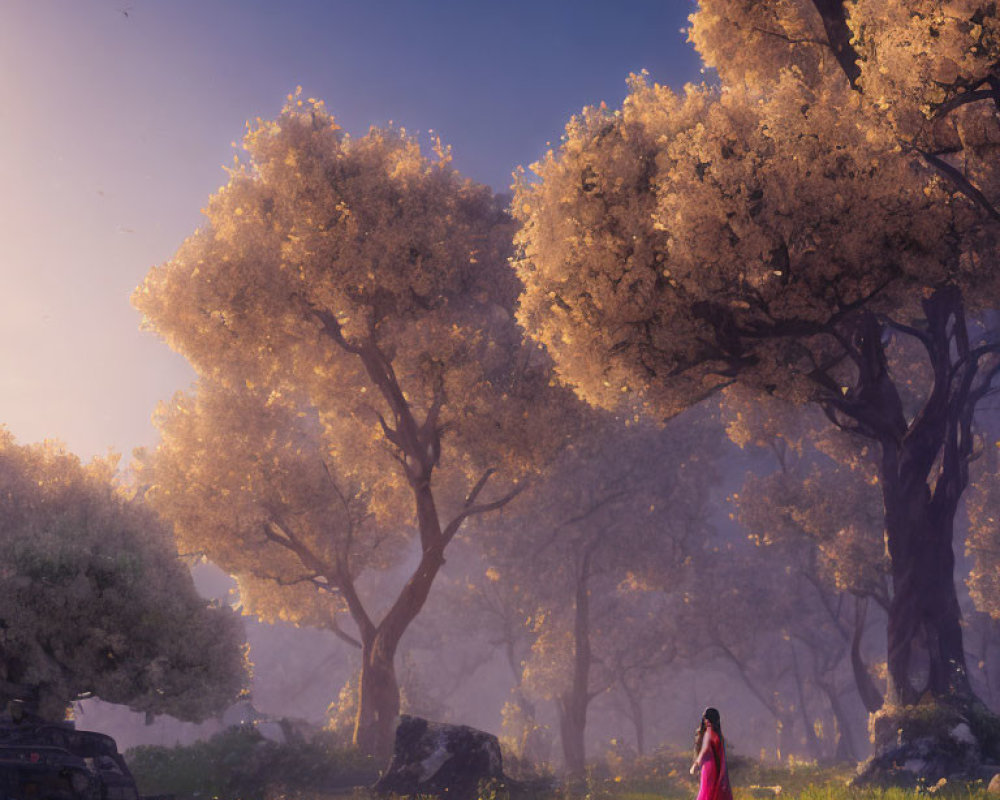 Woman in pink dress strolling through sunlit forest with vibrant flowers and towering trees.