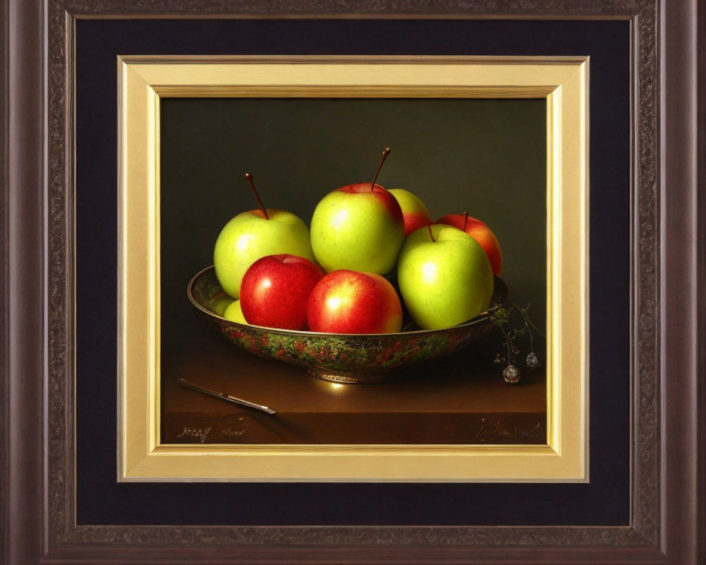 Realistic painting of silver platter with fruits on black backdrop in dark wood frame