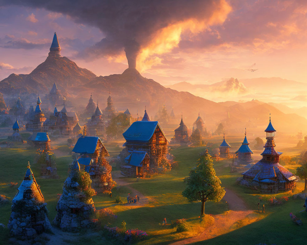 Fantasy village with wooden buildings, steepled tower, and volcanic eruption at sunset