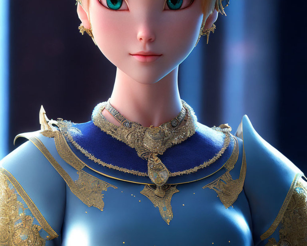 Digital artwork: Female character with large green eyes, short blonde hair, ornate gold and blue armor