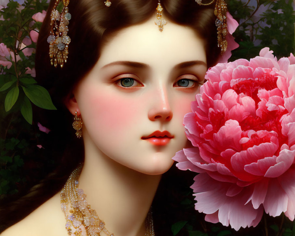 Elaborate Golden Headdress Portrait with Pink Peonies