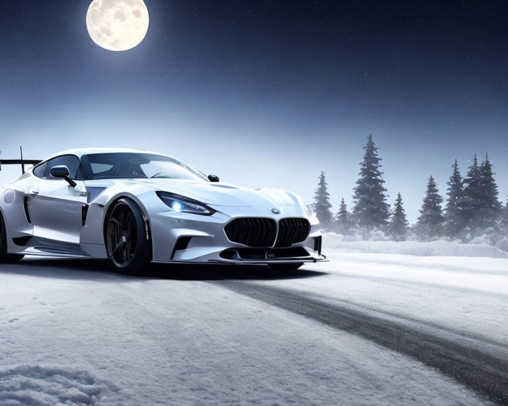 White sports car on snowy road at night with full moon & pine trees