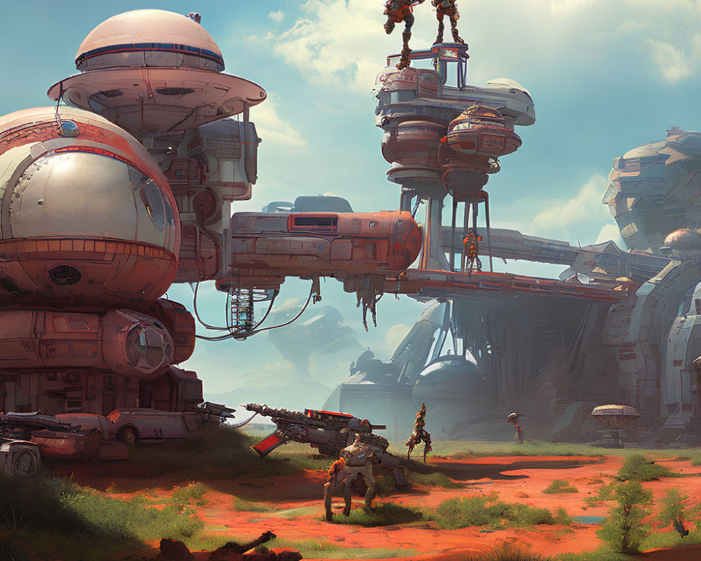 Futuristic desert outpost with domed structures and figures in space suits