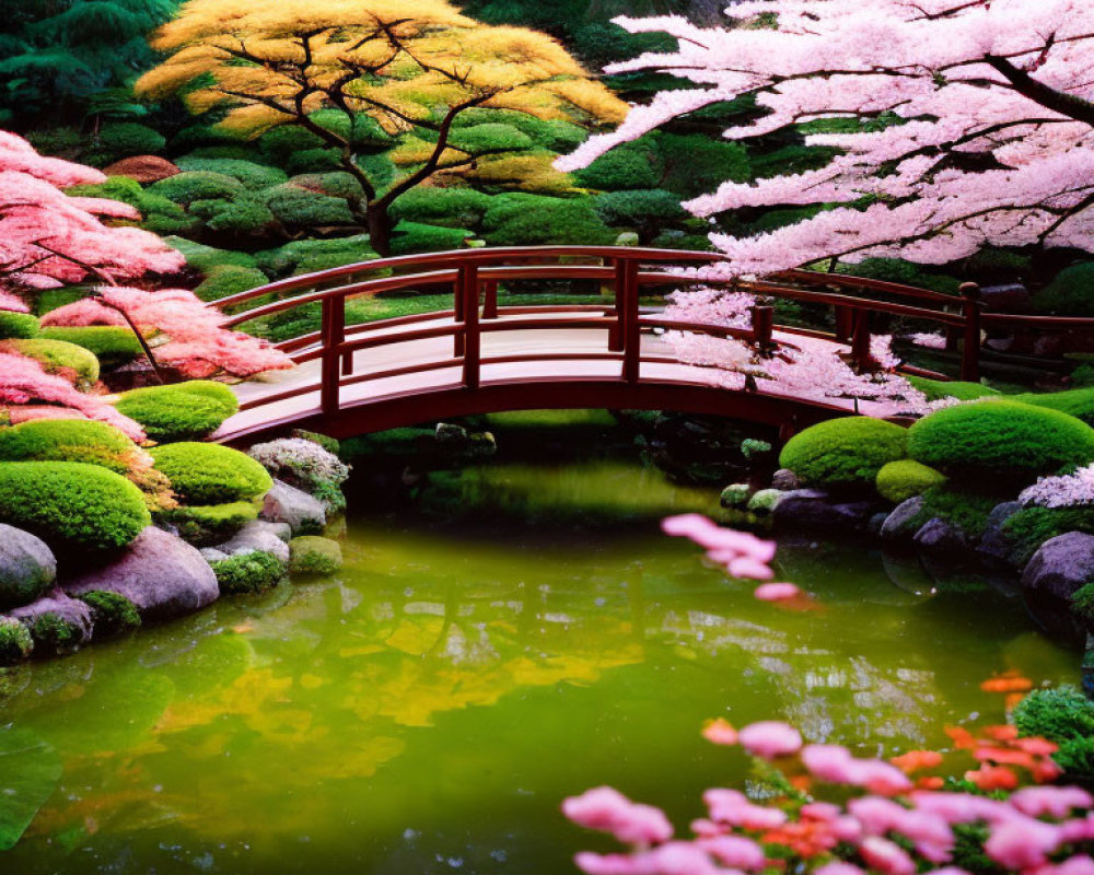 Tranquil Japanese garden with red bridge, cherry blossoms, and greenery