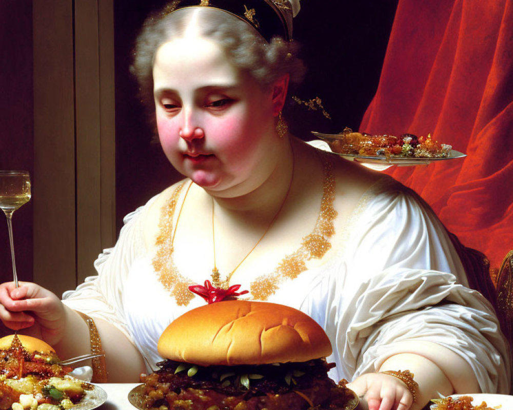 Digital artwork: Woman in classical portrait with fast food sandwich and sides