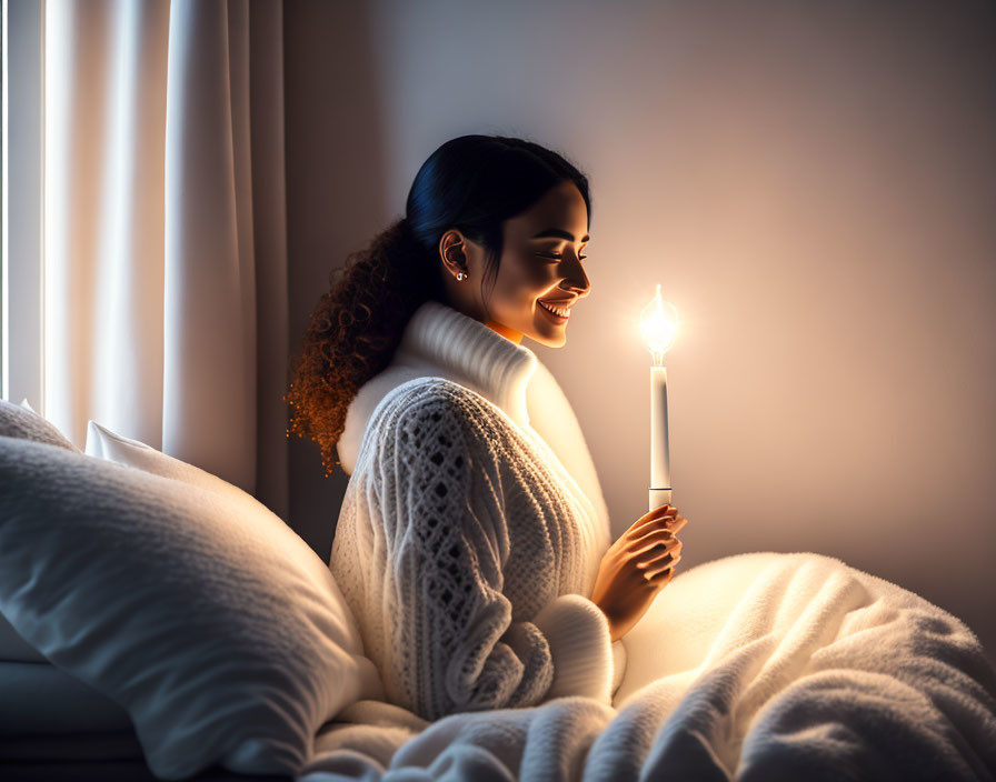 Woman in white sweater holding lit candle by window at twilight