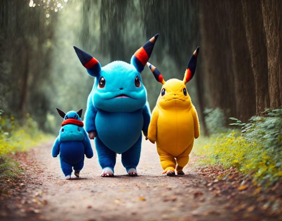 Three Pokémon characters walking on forest path in realistic style