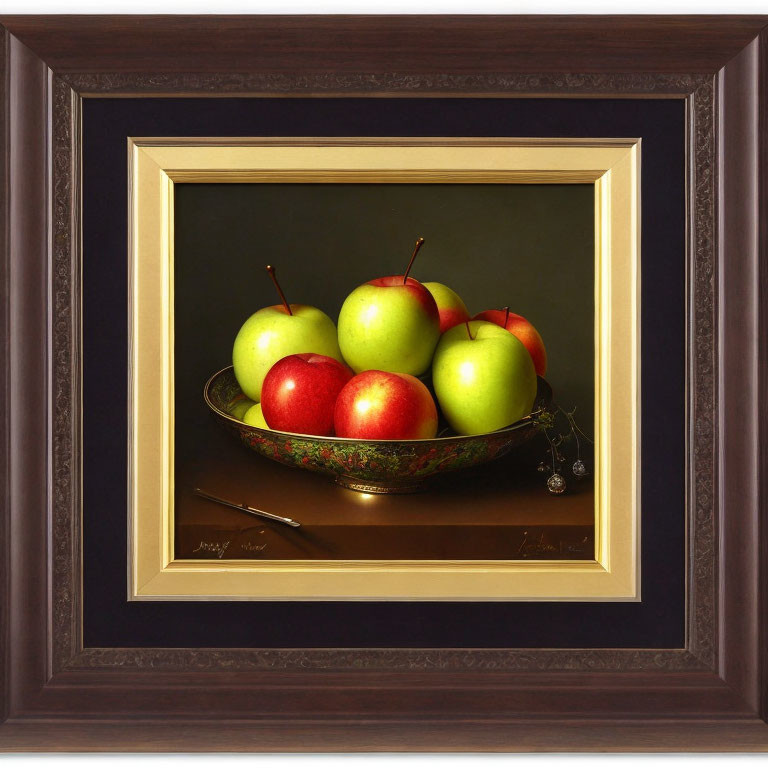 Realistic painting of silver platter with fruits on black backdrop in dark wood frame