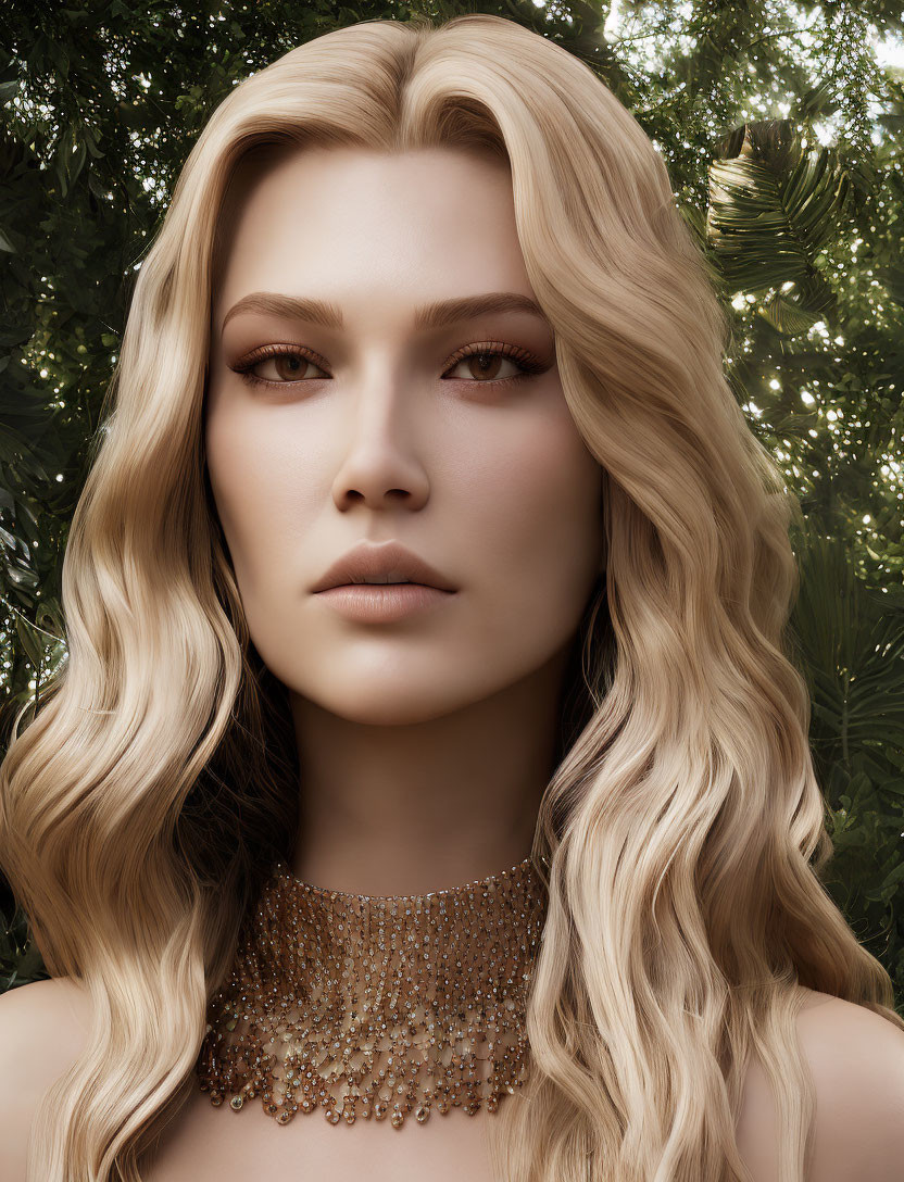 Portrait of woman with long blonde hair and beaded necklace against green foliage