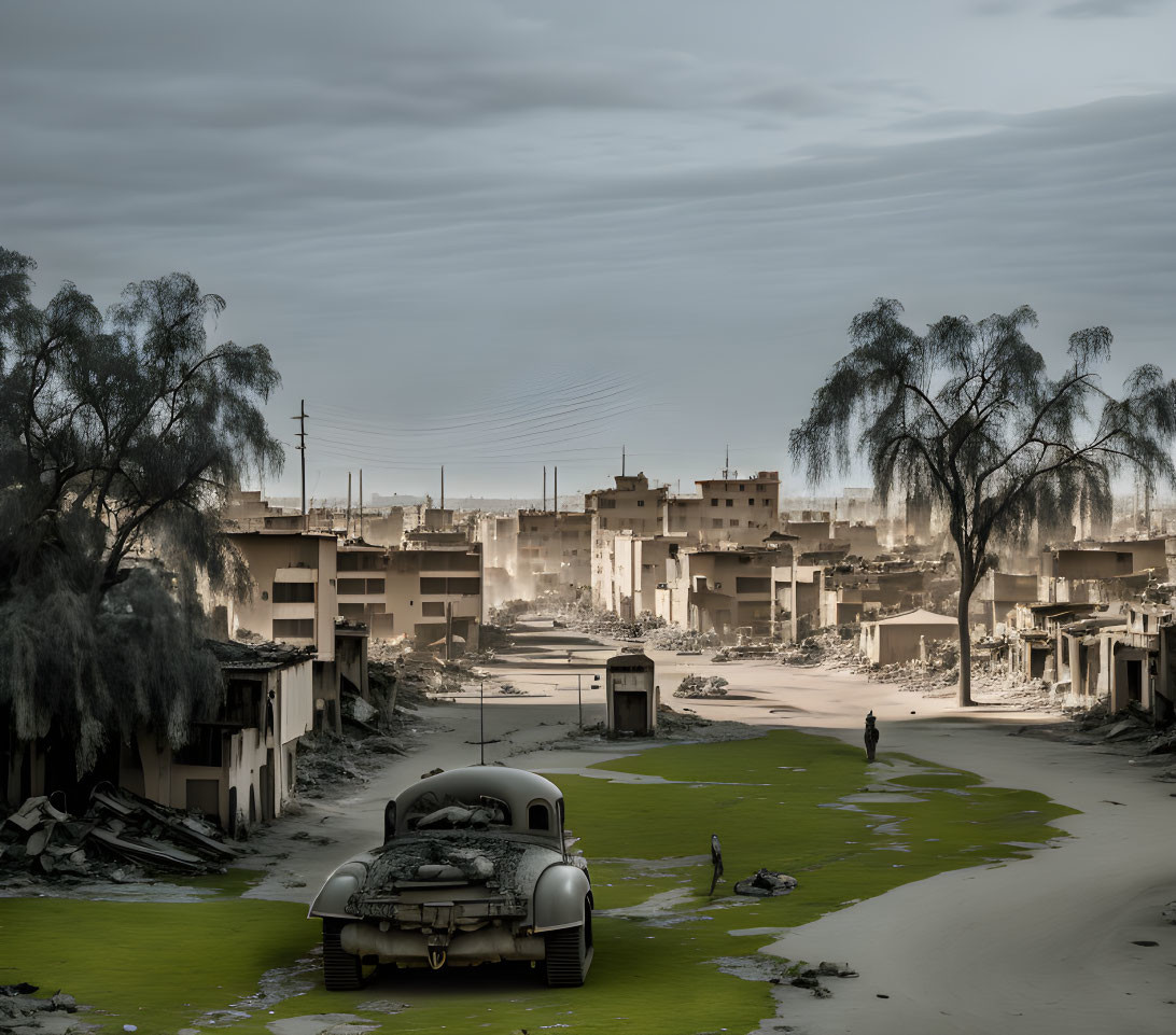 Desolate urban landscape with classic car, gloomy sky, and solitary figure