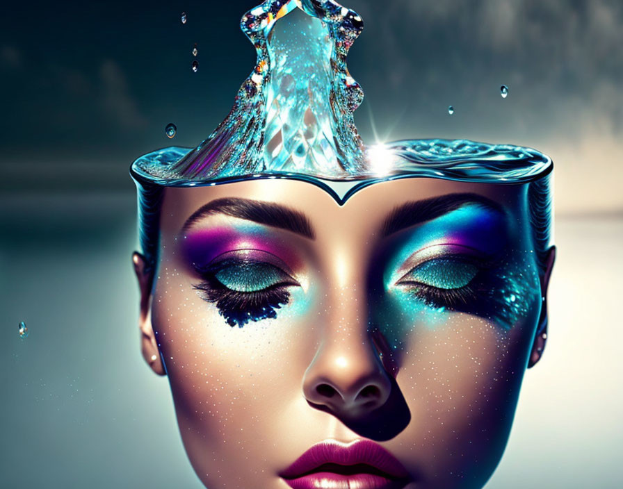 Surreal digital artwork: woman's head with open top, water splashing upwards on dark background