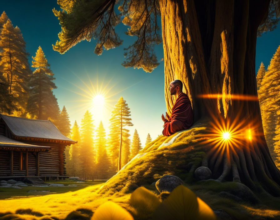 Monk meditating at sunrise near cabin in forest clearing