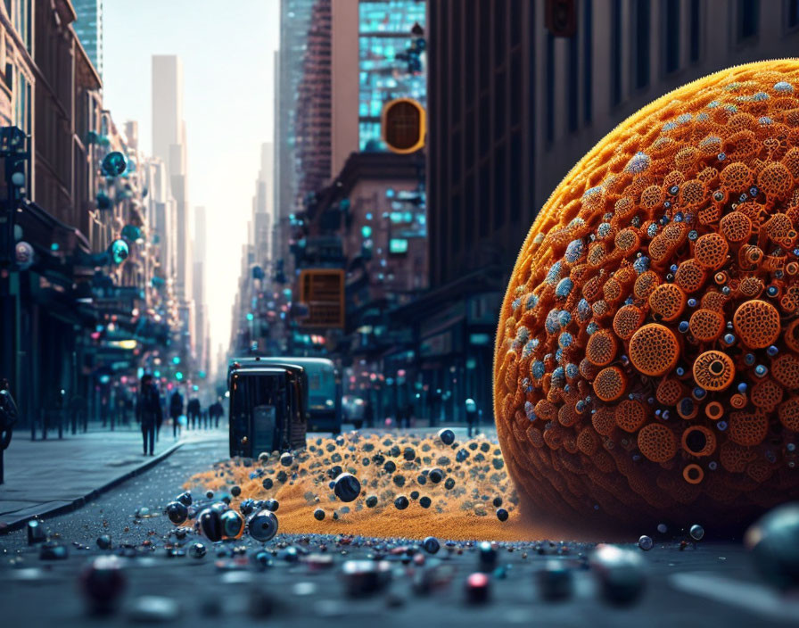 Surreal city street with giant geometric orange and metallic spheres under blue sky