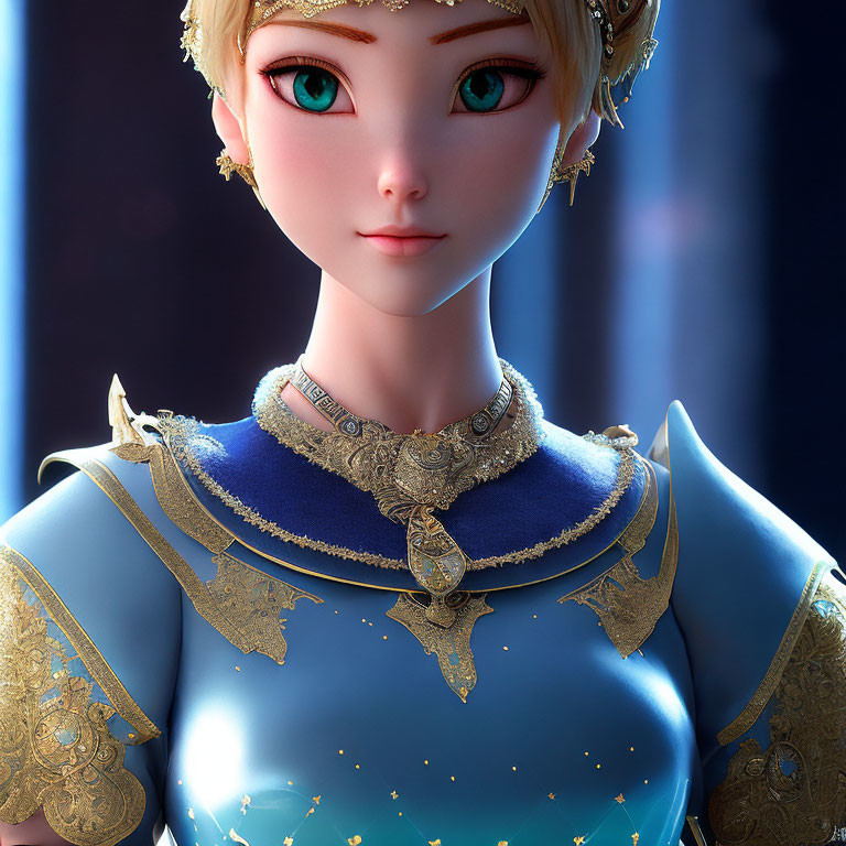 Digital artwork: Female character with large green eyes, short blonde hair, ornate gold and blue armor