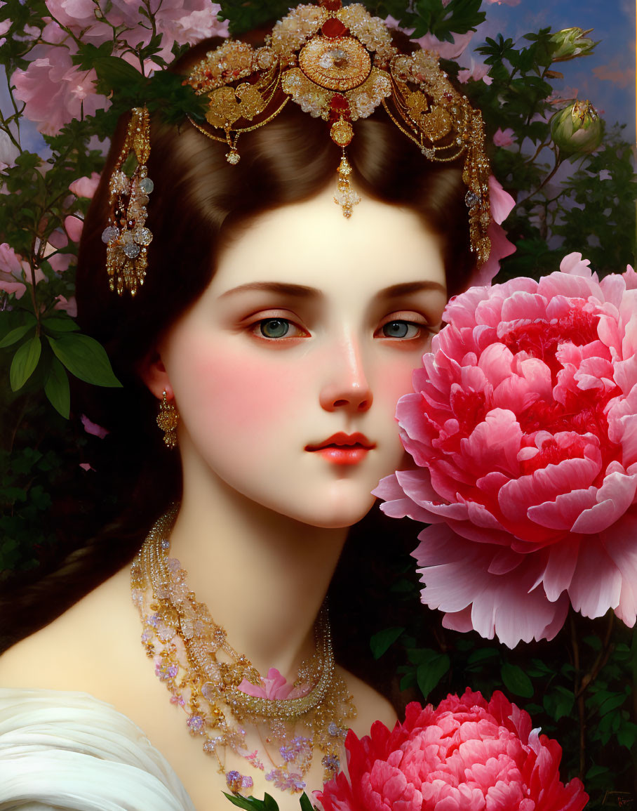 Elaborate Golden Headdress Portrait with Pink Peonies