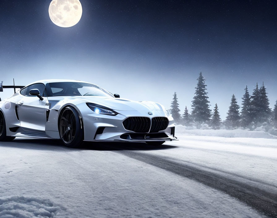 White sports car on snowy road at night with full moon & pine trees