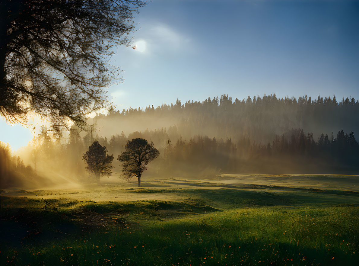 Serene sunrise scene over misty meadow with trees and distant forest