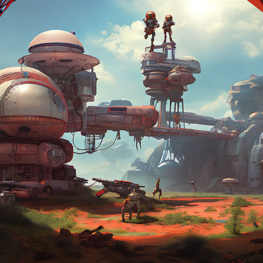 Futuristic desert outpost with domed structures and figures in space suits