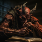 Sinister horned figure reading book in dim light