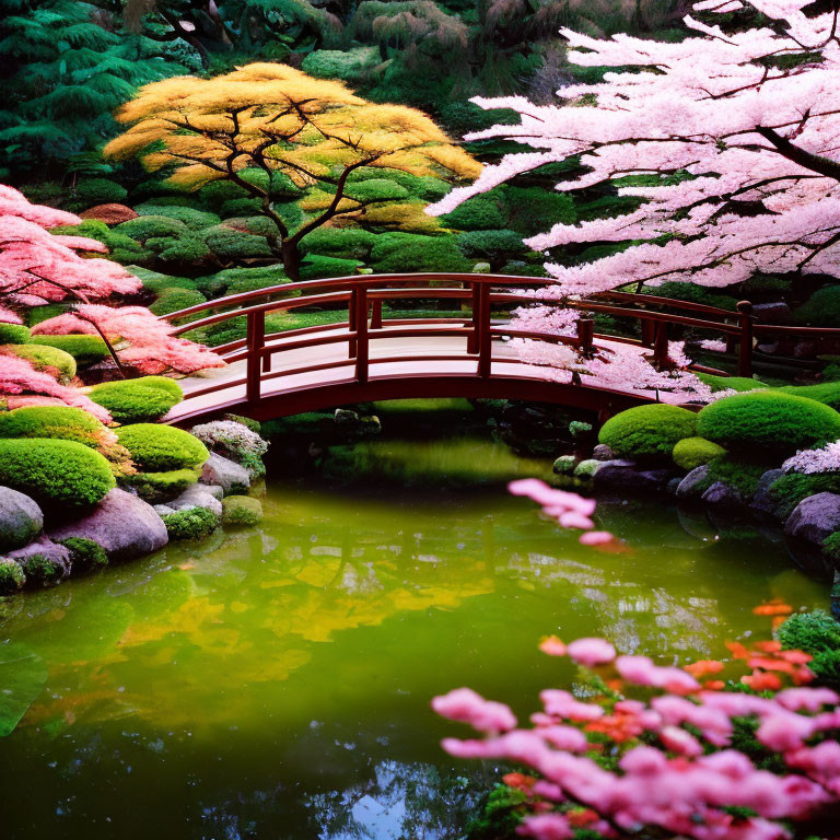 Tranquil Japanese garden with red bridge, cherry blossoms, and greenery