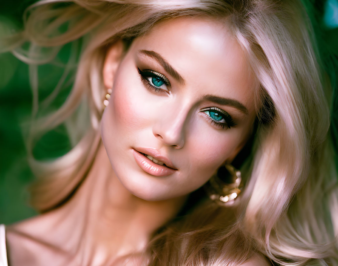 Blonde woman with blue eyes and earrings in gentle wind against green backdrop