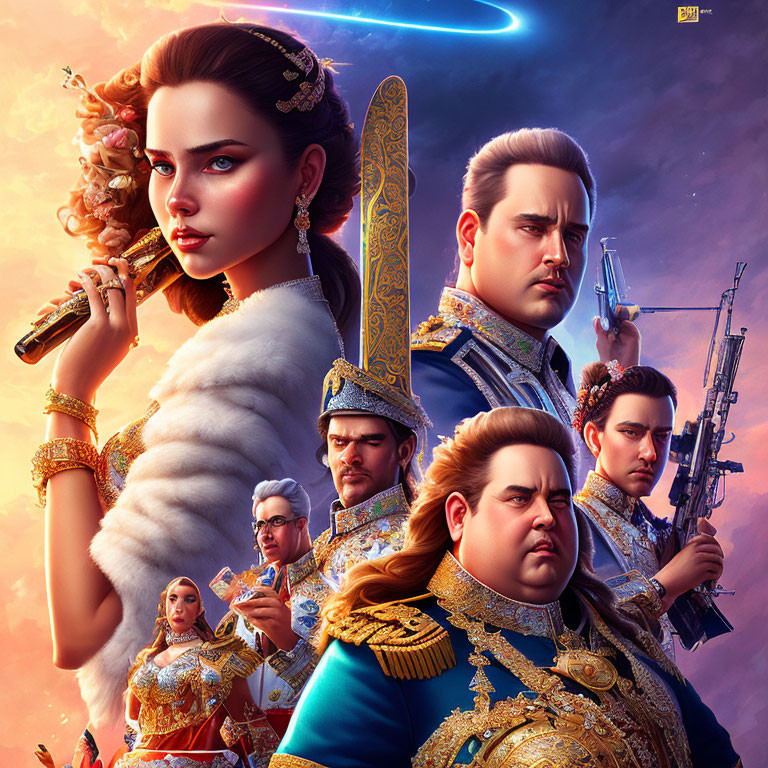 Stylized royal figures in regal attire with futuristic weapons on dramatic sky background