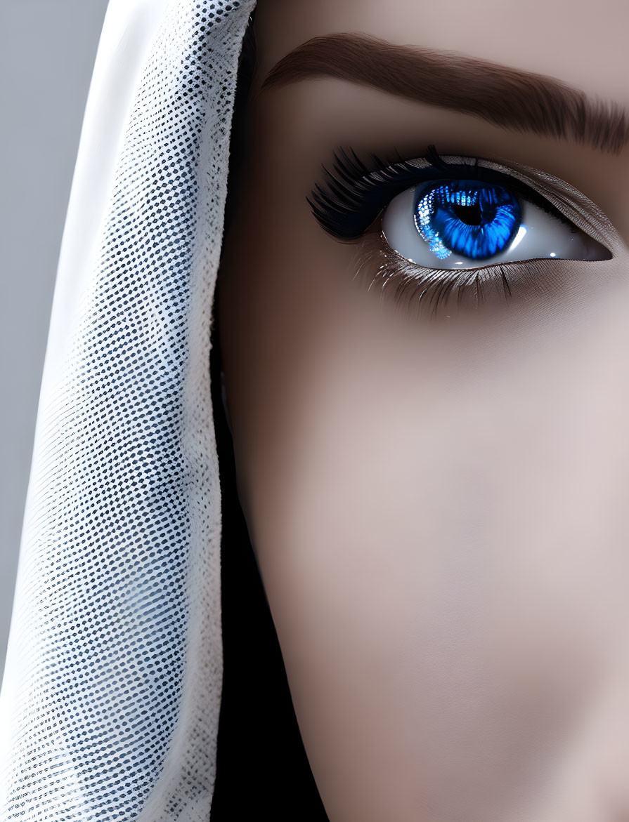 Detailed digital illustration of striking blue female eye with eyelashes and white veil