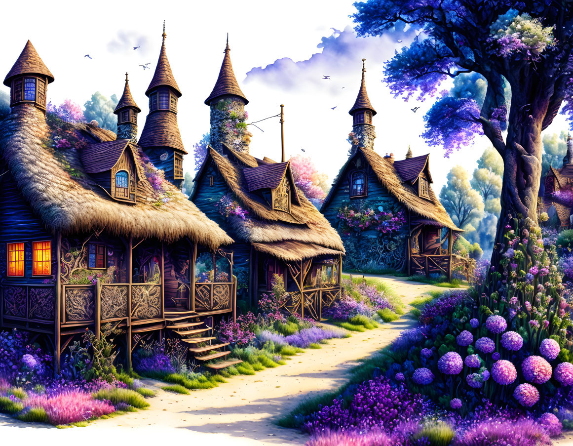 Fantasy village with thatched-roof cottages and lush purple flora