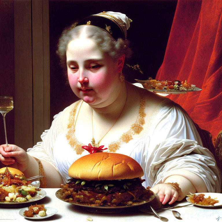 Digital artwork: Woman in classical portrait with fast food sandwich and sides