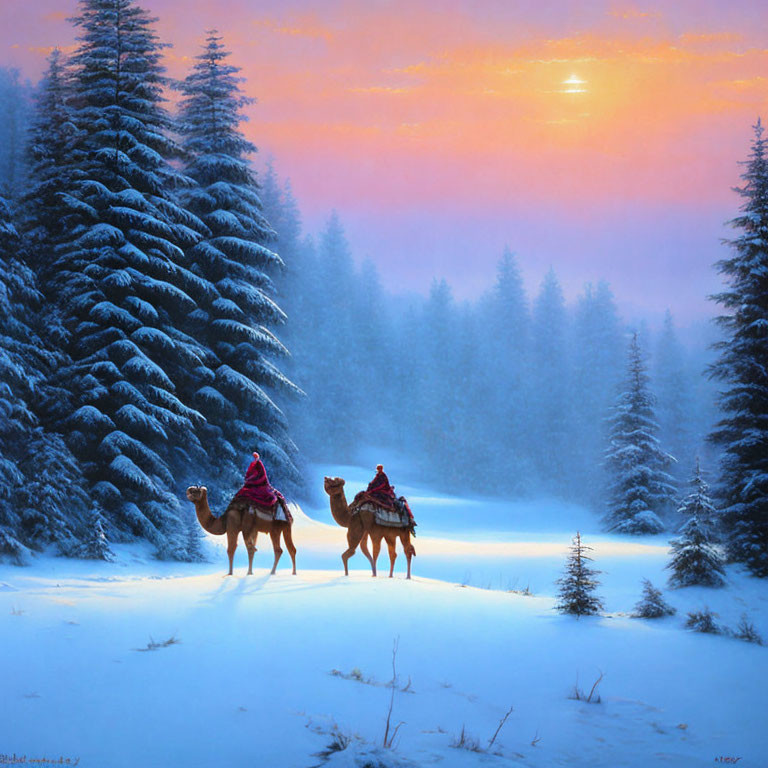 Camels with riders in snowy landscape at sunset