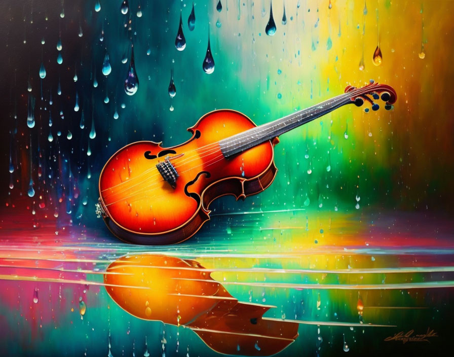 Colorful Violin Illustration on Glossy Surface with Raindrops