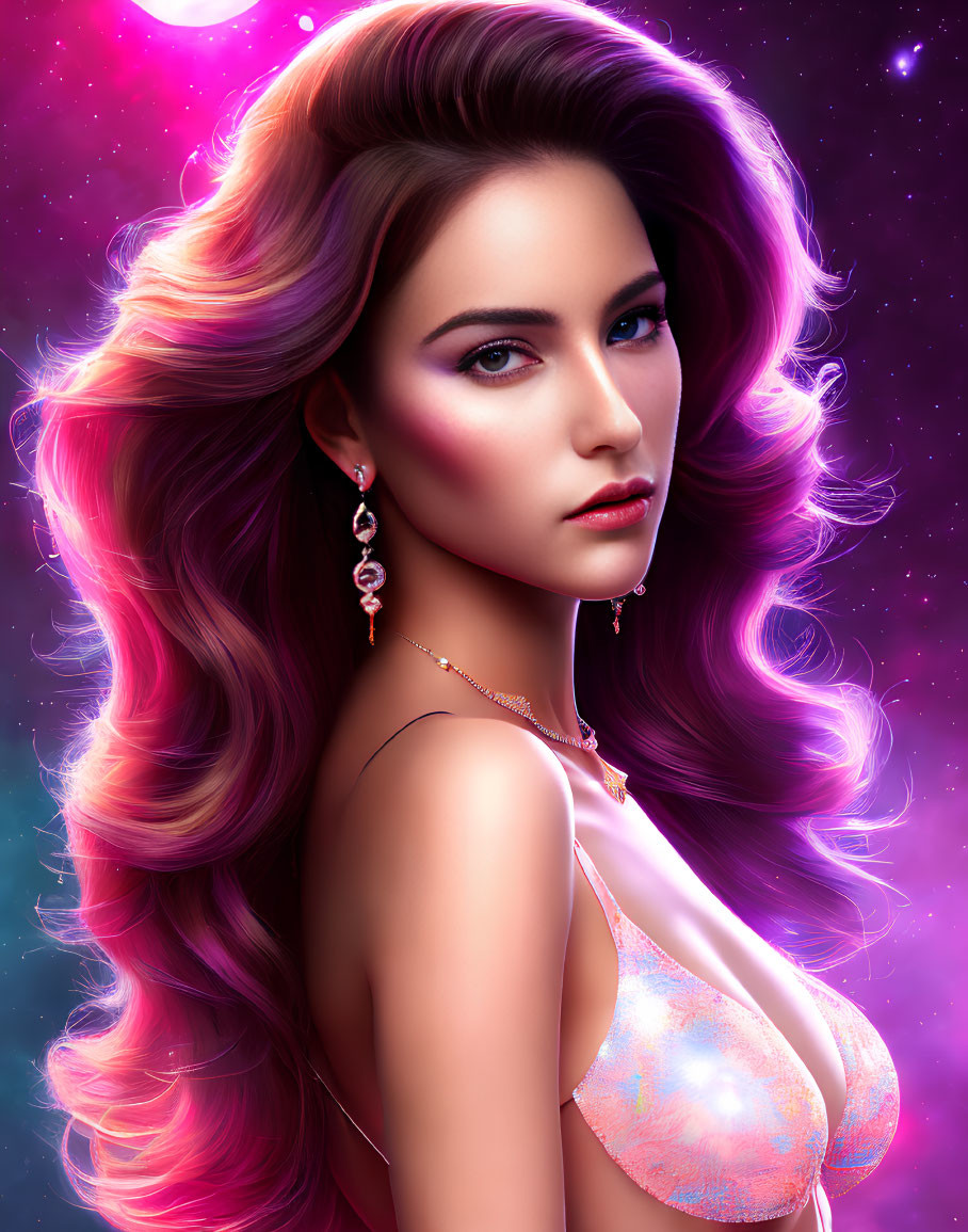 Digital portrait of woman with wavy hair & jewelry on cosmic purple backdrop