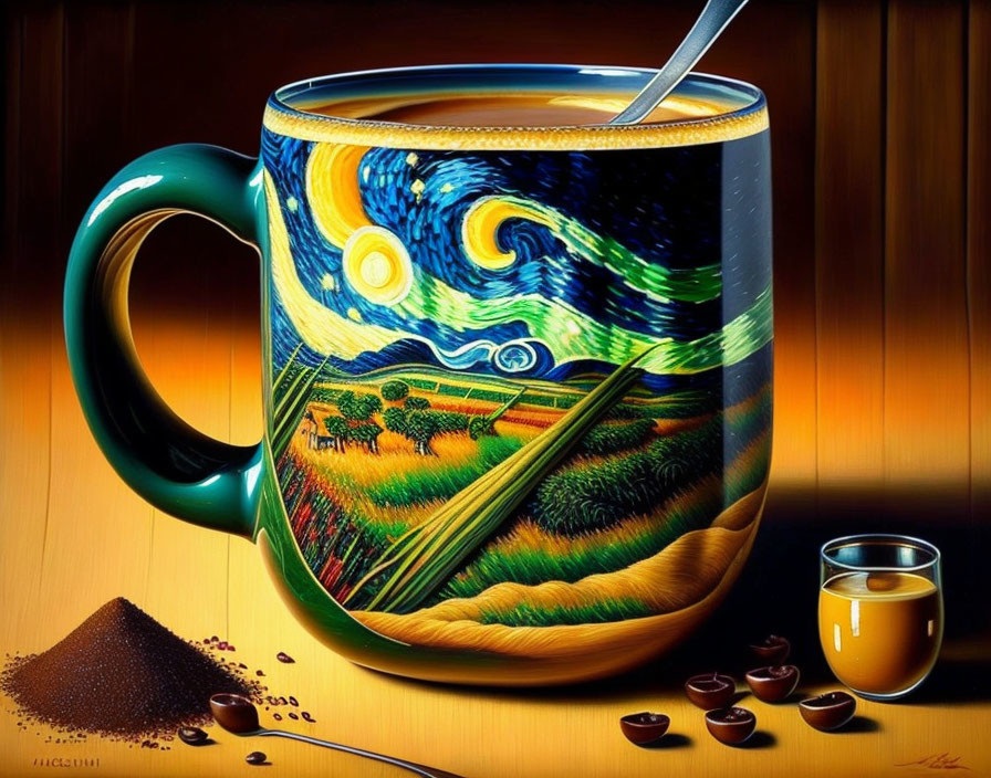 Colorful Starry Night Painting Mug with Coffee Accessories