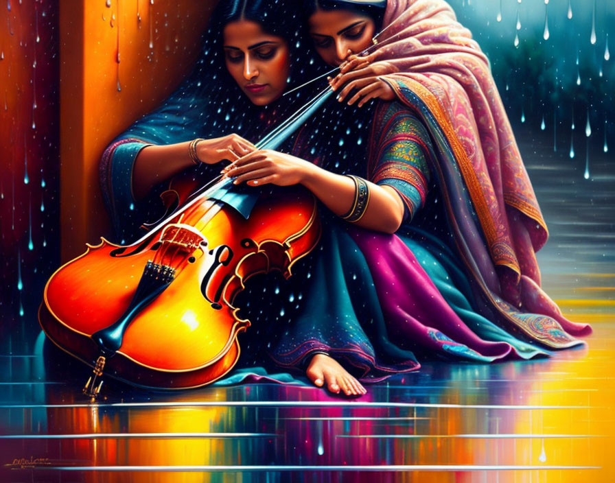 Traditional Attire Women Playing Violin in Rain