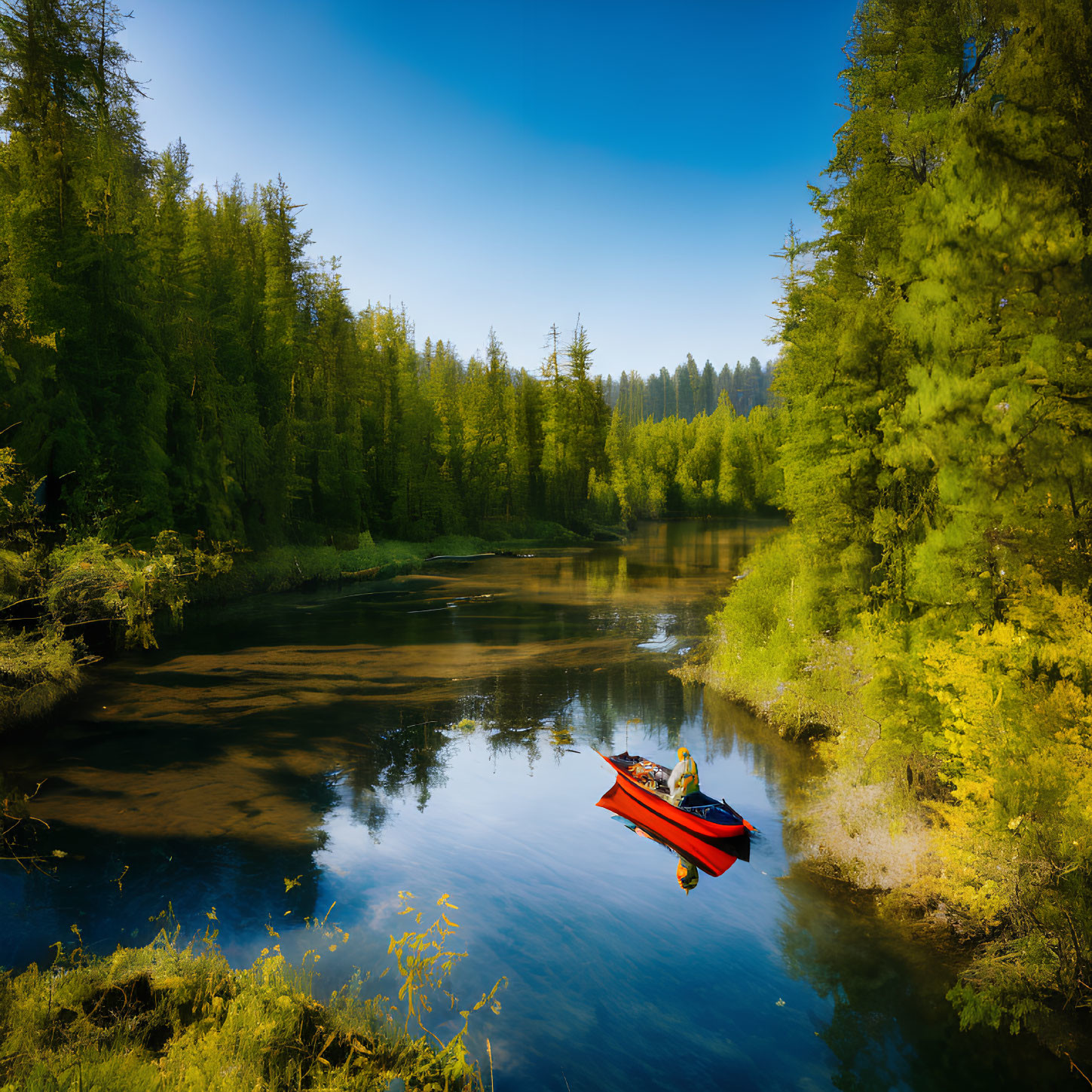 Scenic red canoe with two passengers on tranquil river surrounded by lush green forests and clear blue sky