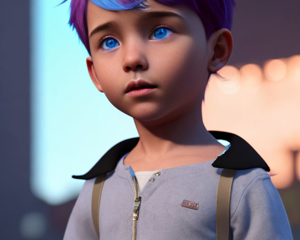 3D-rendered image of child with blue hair and grey outfit