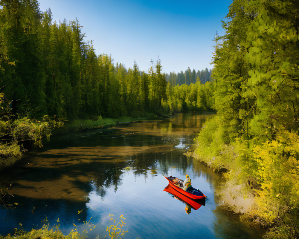 Scenic red canoe with two passengers on tranquil river surrounded by lush green forests and clear blue sky