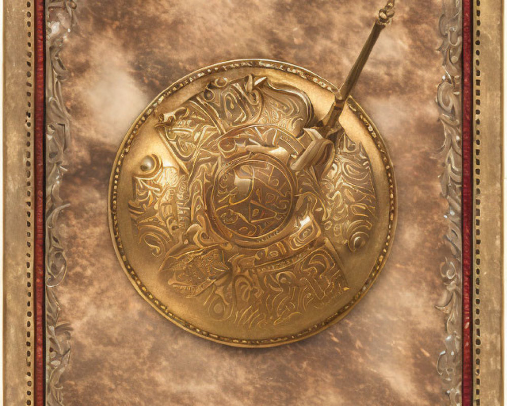 Golden shield and sword on textured background with ornate border