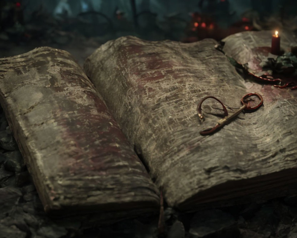 Weathered book with spectacles on dark surface, surrounded by candlelight in mysterious ambiance