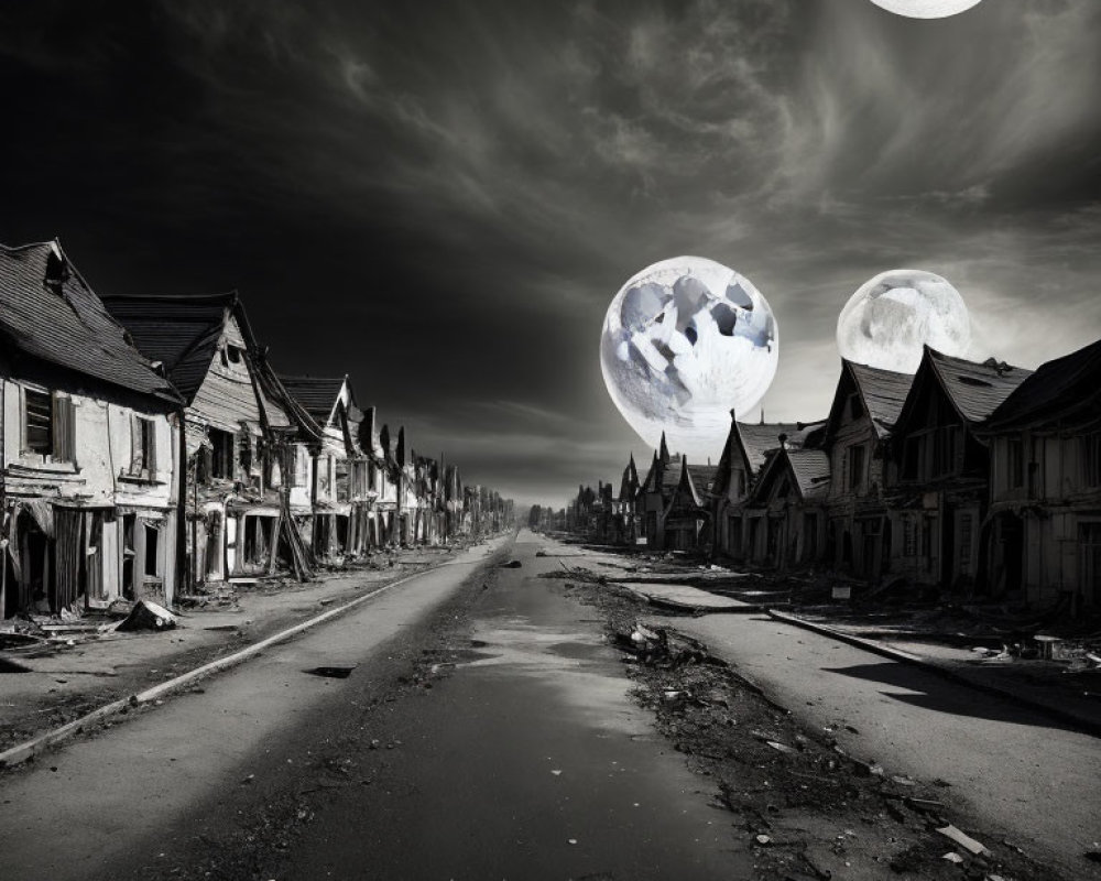 Desolate street with dilapidated houses and surreal moons