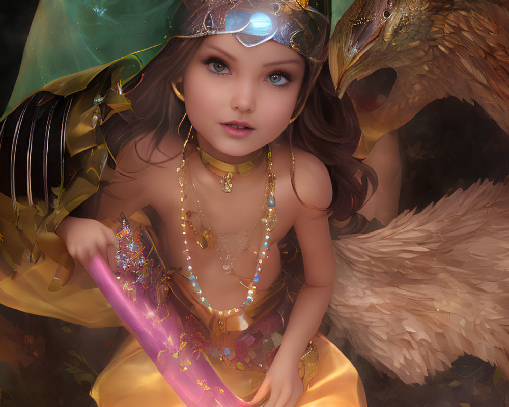 Child in fantasy attire with crown and crystal staff, beside mythical bird