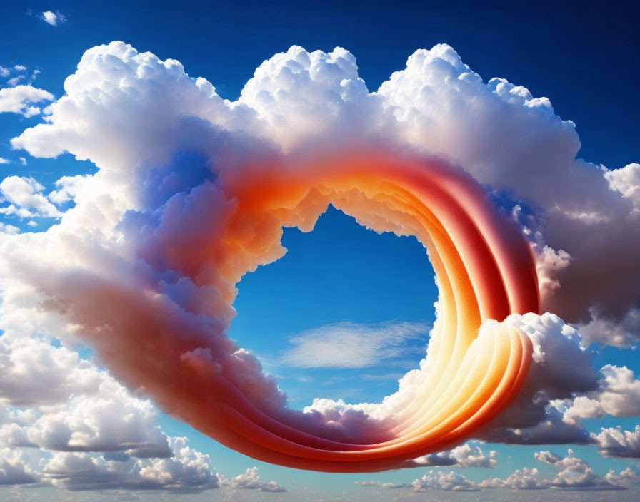 Digitally altered image: Circular rainbow loop in vibrant blue sky