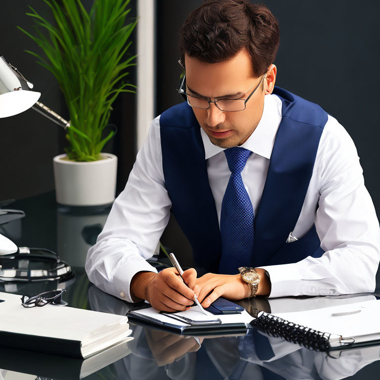 Businessman in suit writing notes at desk with lamp and plant.