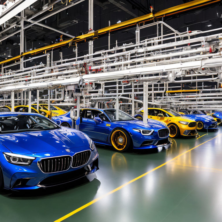 Colorful Sports Cars in Modern Car Manufacturing Plant