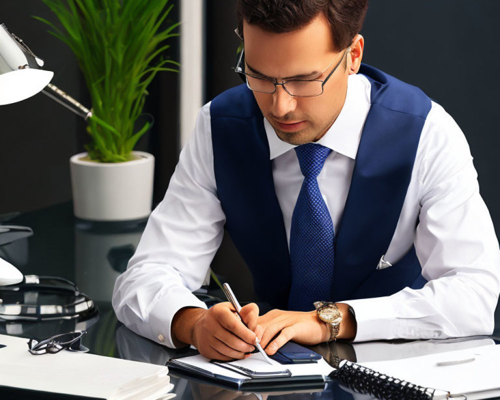 Businessman in suit writing notes at desk with lamp and plant.