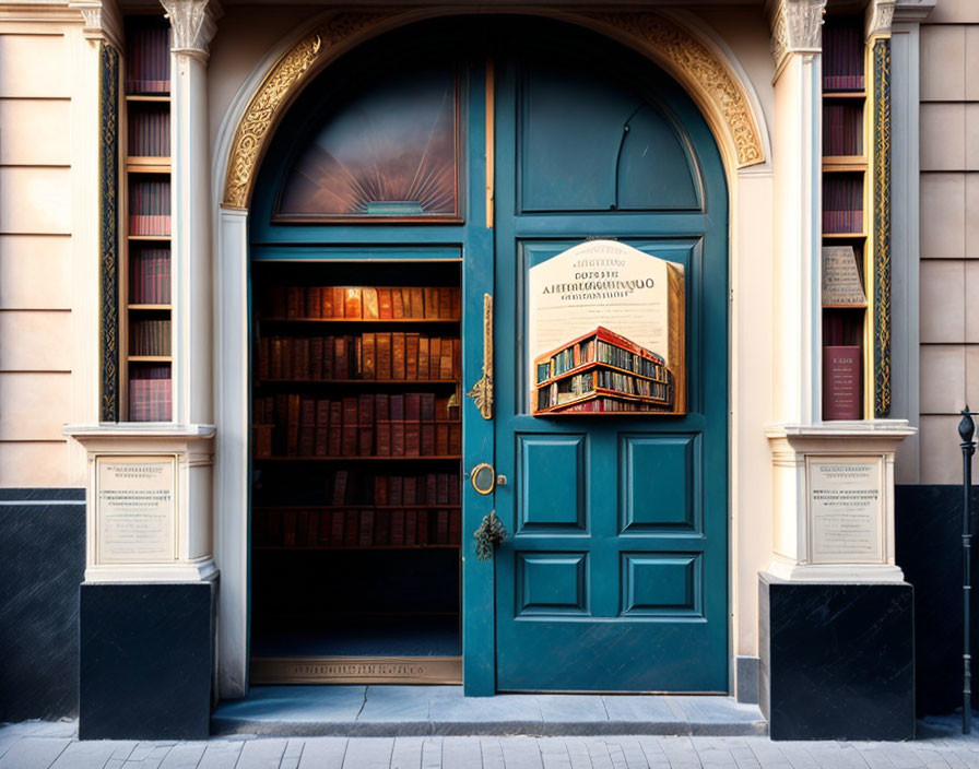 Teal Door with Bookcase-Lined Interior and Golden Accents