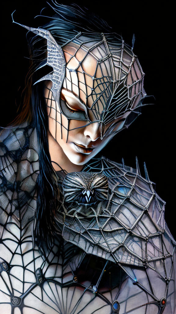 Person with intricate spiderweb makeup and headpiece in gothic aesthetic.