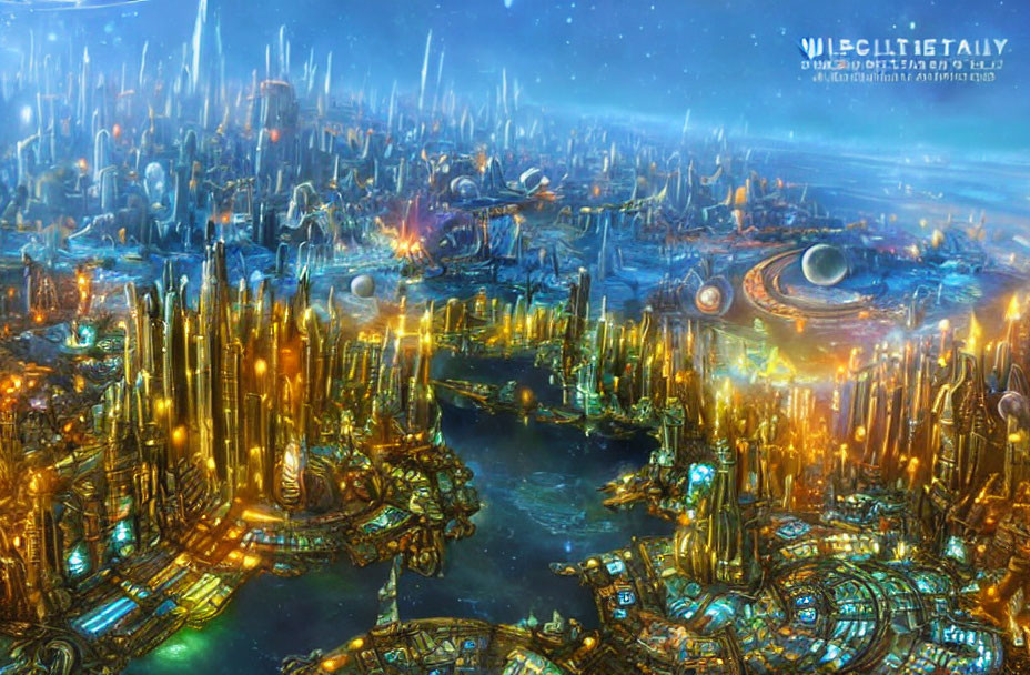 Futuristic cityscape with golden skyscrapers and floating vehicles