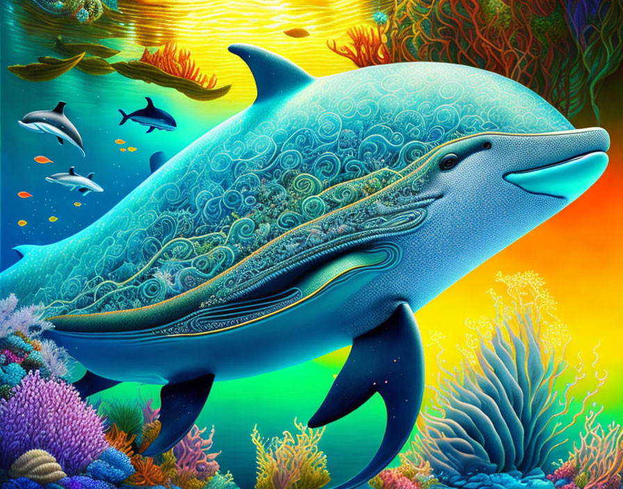 Colorful blue dolphin swimming in vibrant coral reef with intricate patterns.